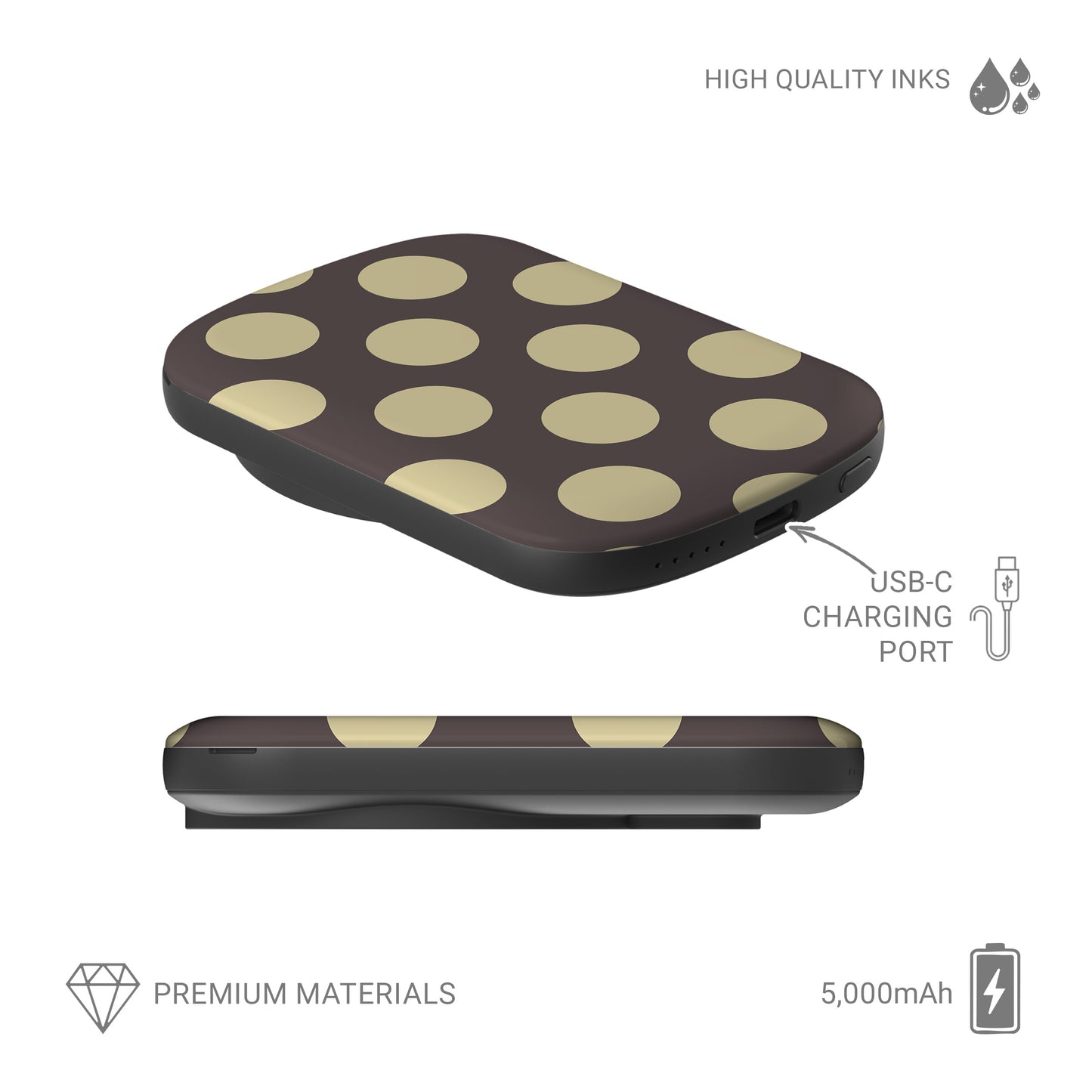 Vanilla Truffle 5000 mAh Power Bank featuring oversized creamy vanilla polka dots on a rich cocoa-brown background.