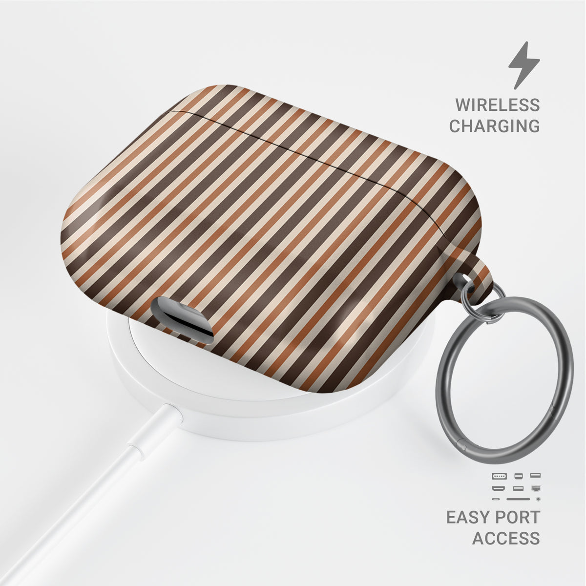 Chestnut Ticking AirPods case with fine chestnut brown and cream vertical ticking stripes.