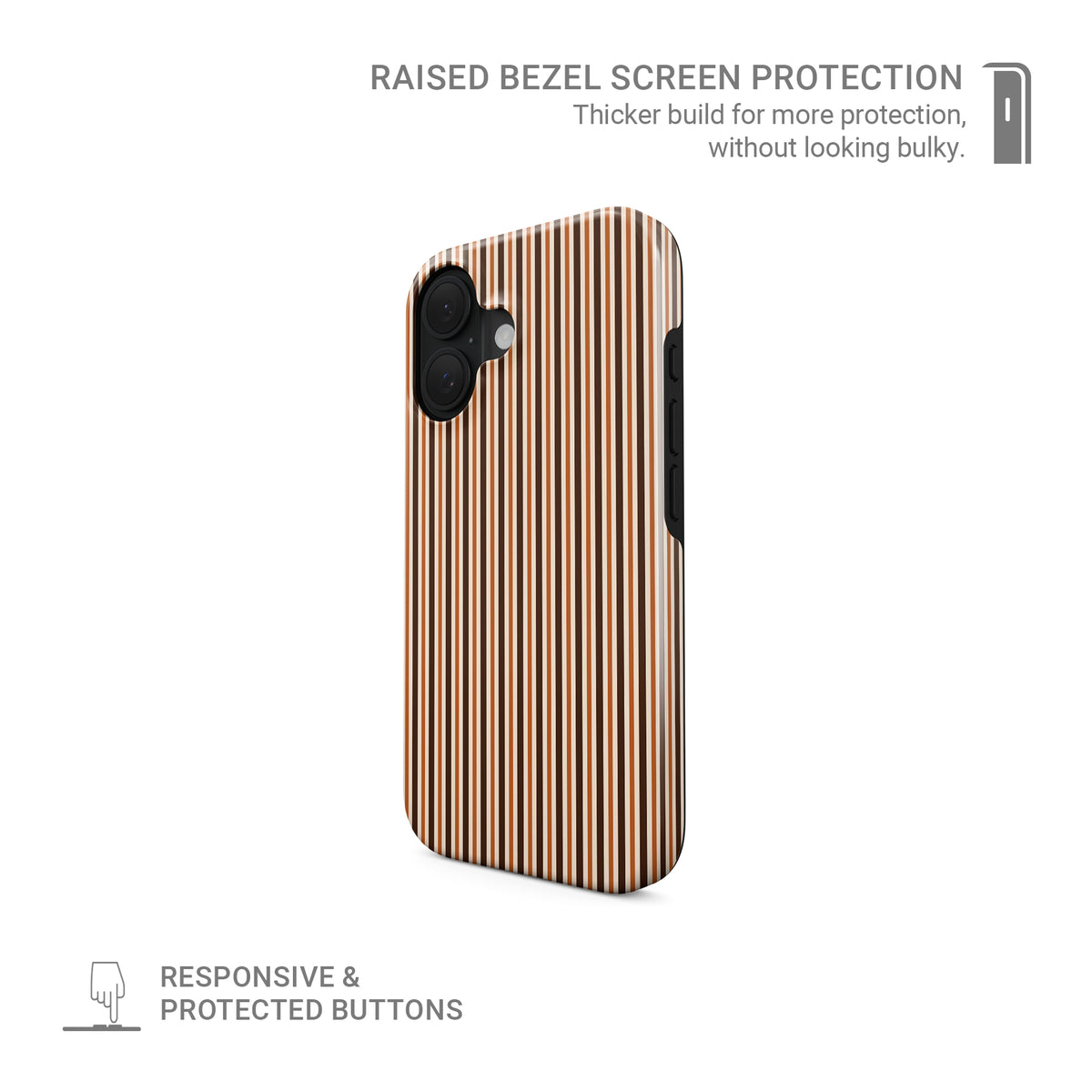 Chestnut Ticking MagSafe Tough phone case with fine chestnut brown and cream vertical ticking stripes.