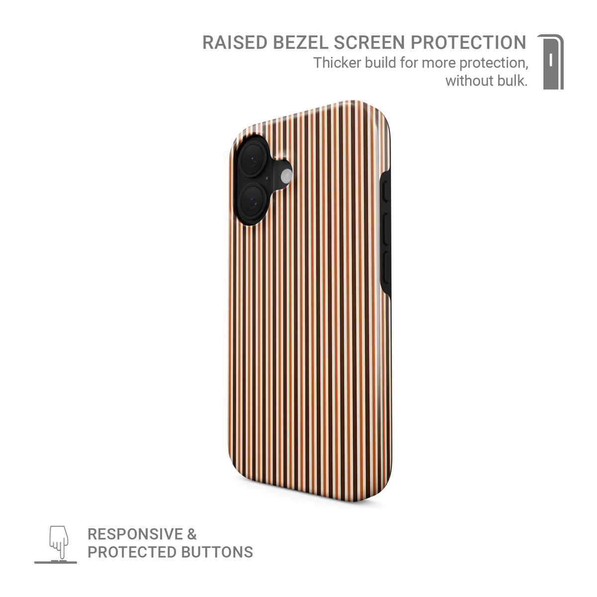 Chestnut Ticking Tough phone case with fine chestnut brown and cream vertical ticking stripes.