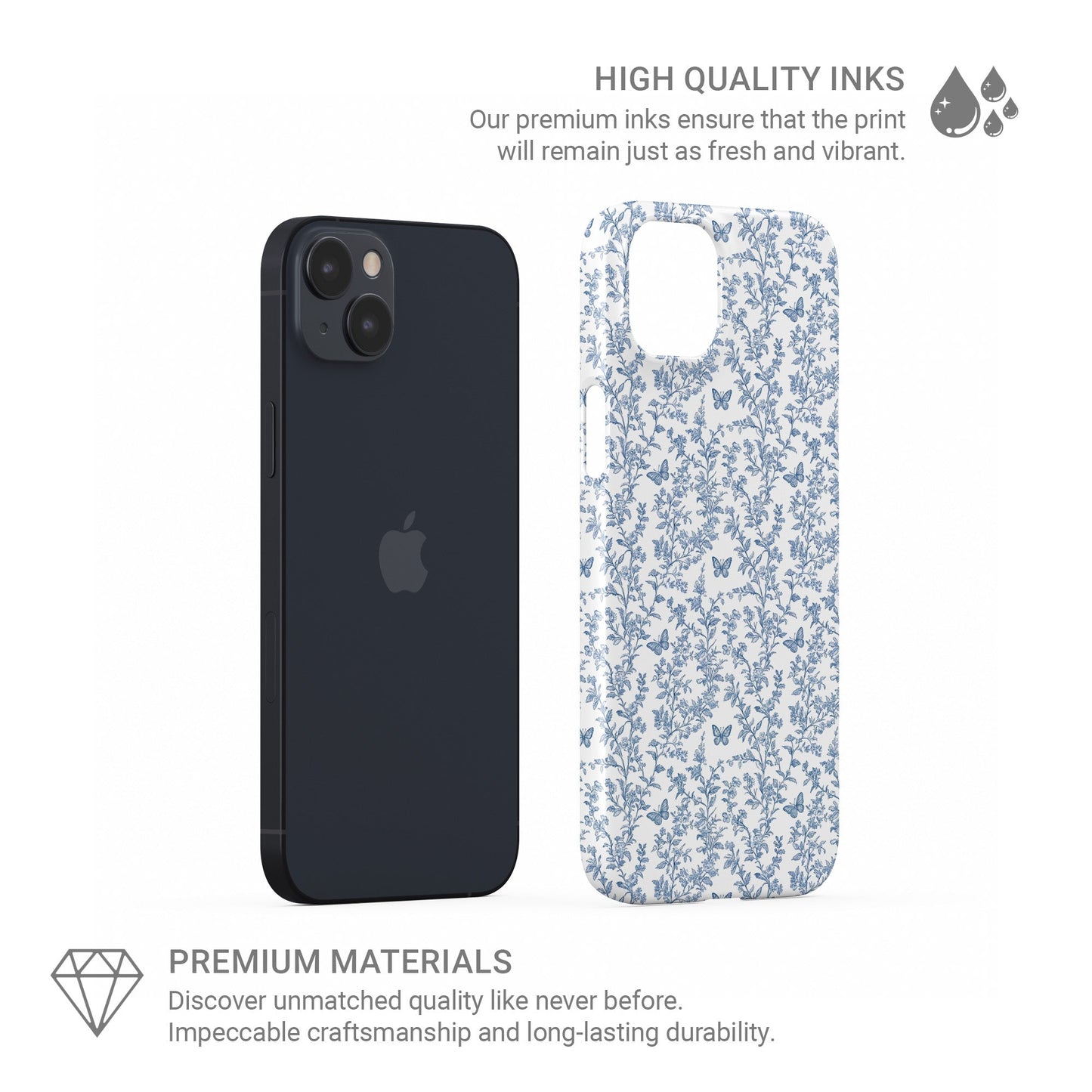 Designer phone case with blue floral and butterfly artwork in glossy finish