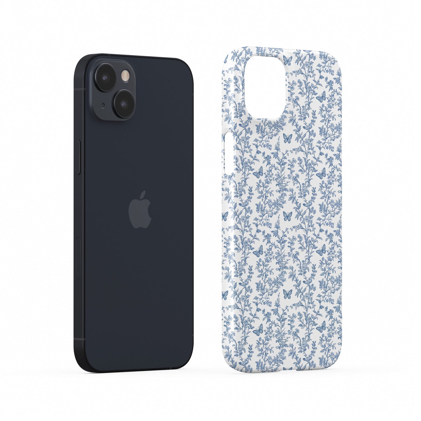 Designer phone case with blue floral and butterfly artwork in glossy finish