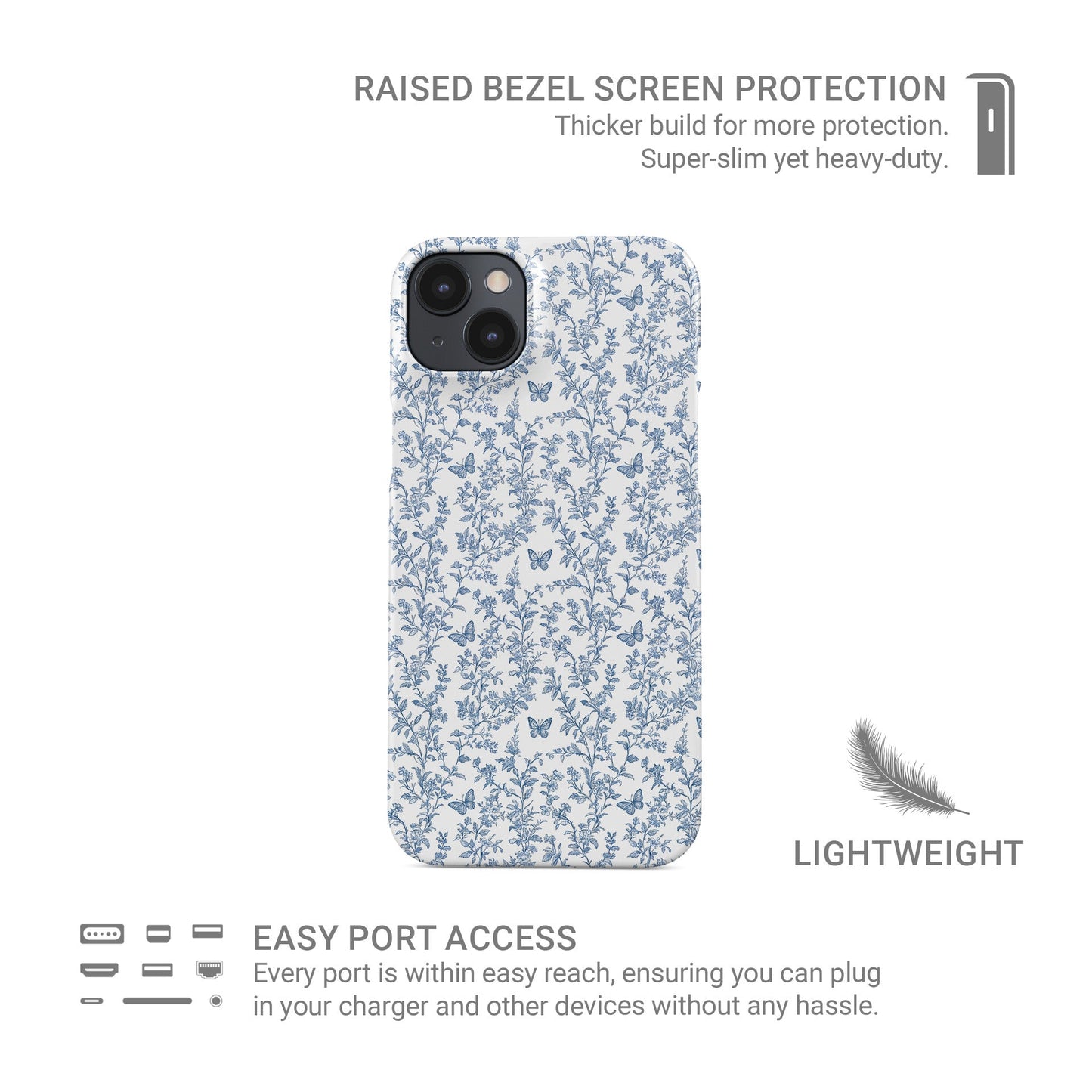 Designer phone case with blue floral and butterfly artwork in glossy finish