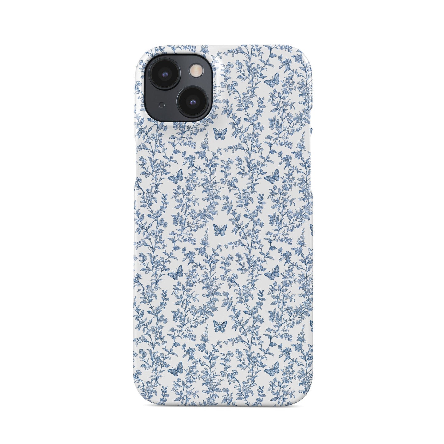 Designer phone case with blue floral and butterfly artwork in glossy finish