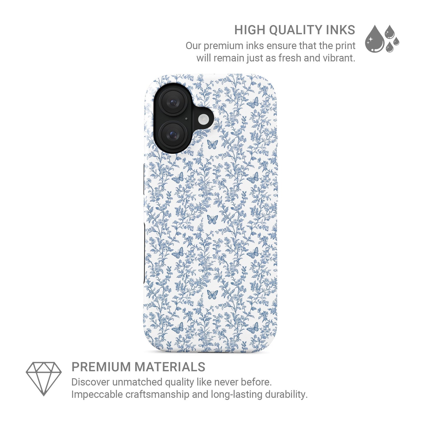 Designer tough phone case – slim dual-layer blue floral butterfly pattern