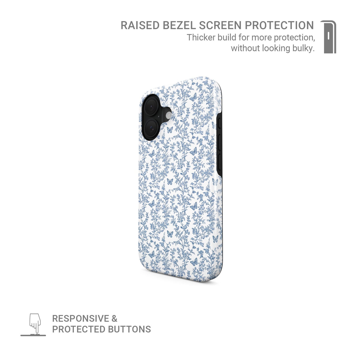 Designer tough phone case – slim dual-layer blue floral butterfly pattern