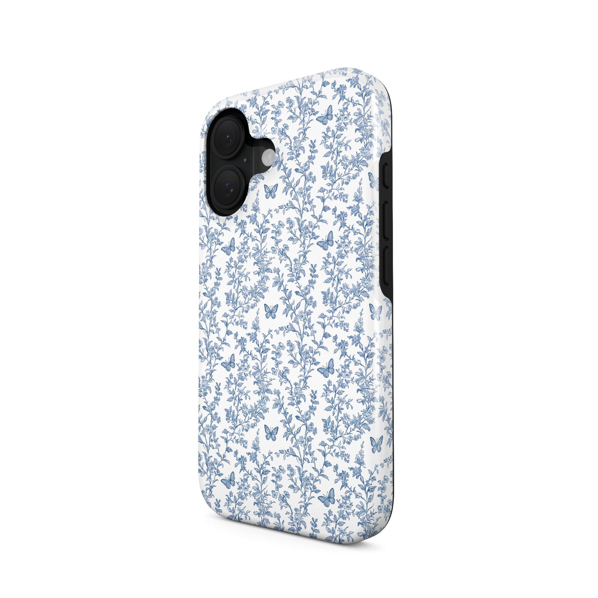 Designer tough phone case – slim dual-layer blue floral butterfly pattern