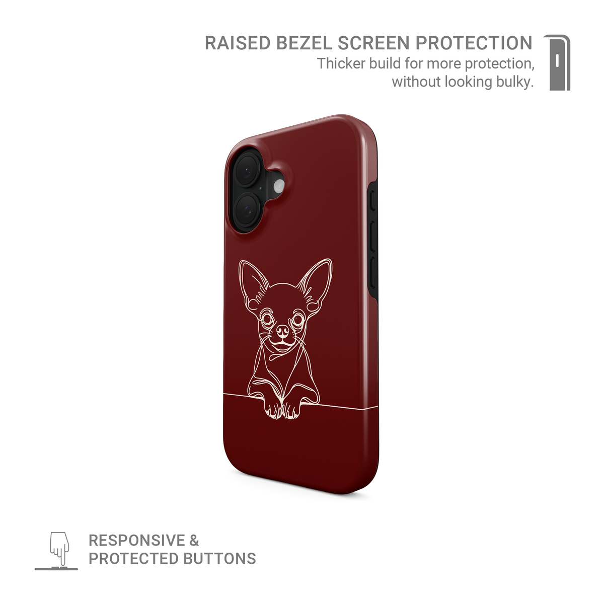 Midnight Blue MagSafe Tough phone case with pale Chihuahua line art, oversized ears and paws resting on a fine horizontal line.