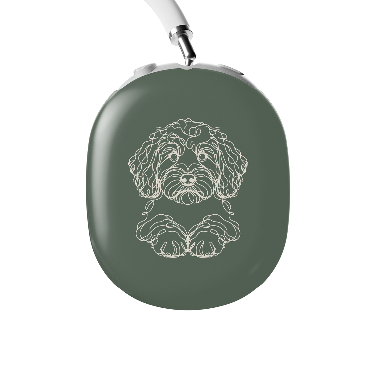 Midnight Blue AirPods Max ear-cup cover with pale curly-haired Cockapoo line art and paws.