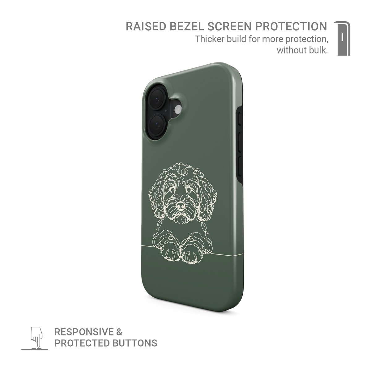 Midnight Blue Tough phone case with pale curly-haired Cockapoo line art and paws resting on a fine horizontal line.