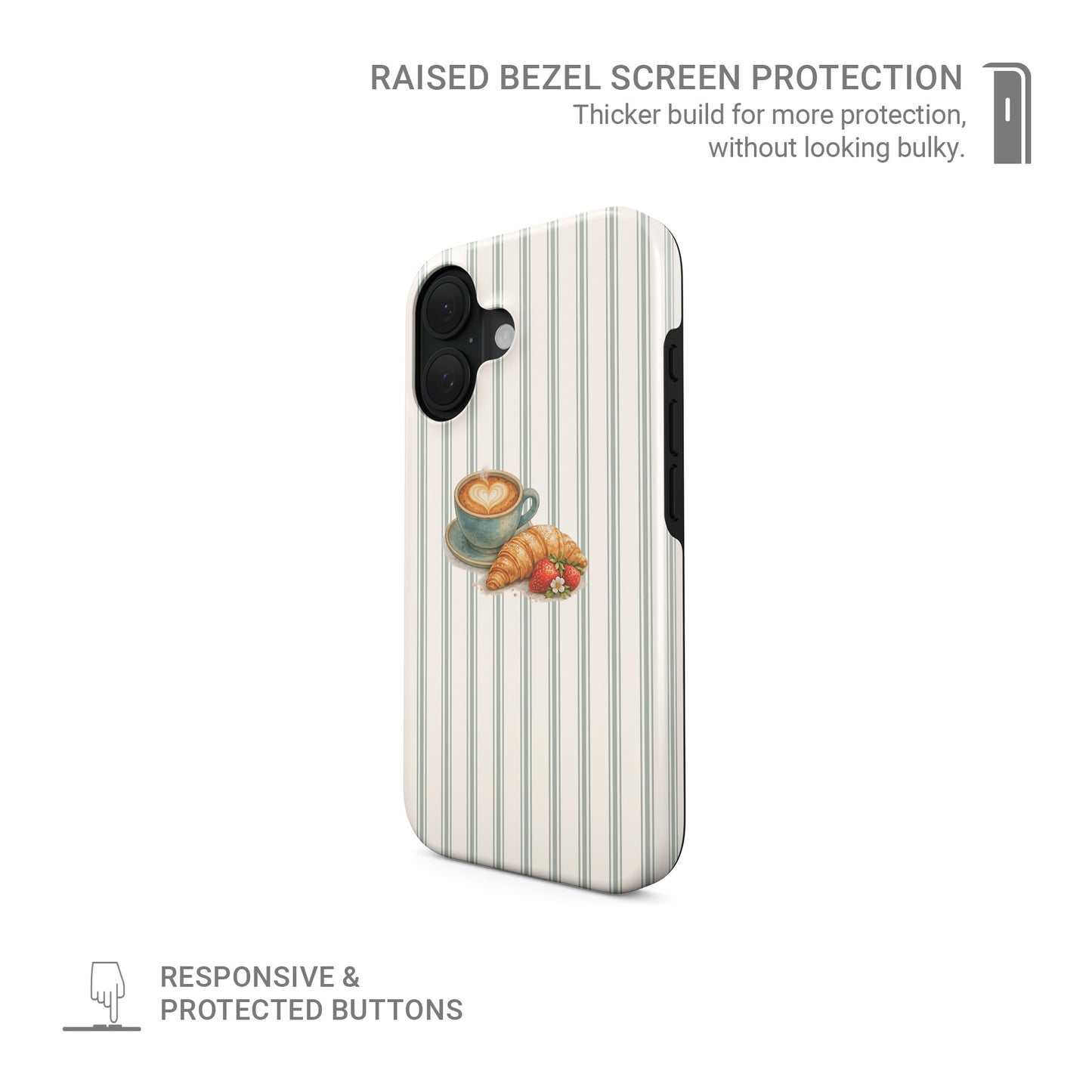 coffee croissant tough phone case strawberries cafe aesthetic iphone 15 case striped background cute cosy phone cover