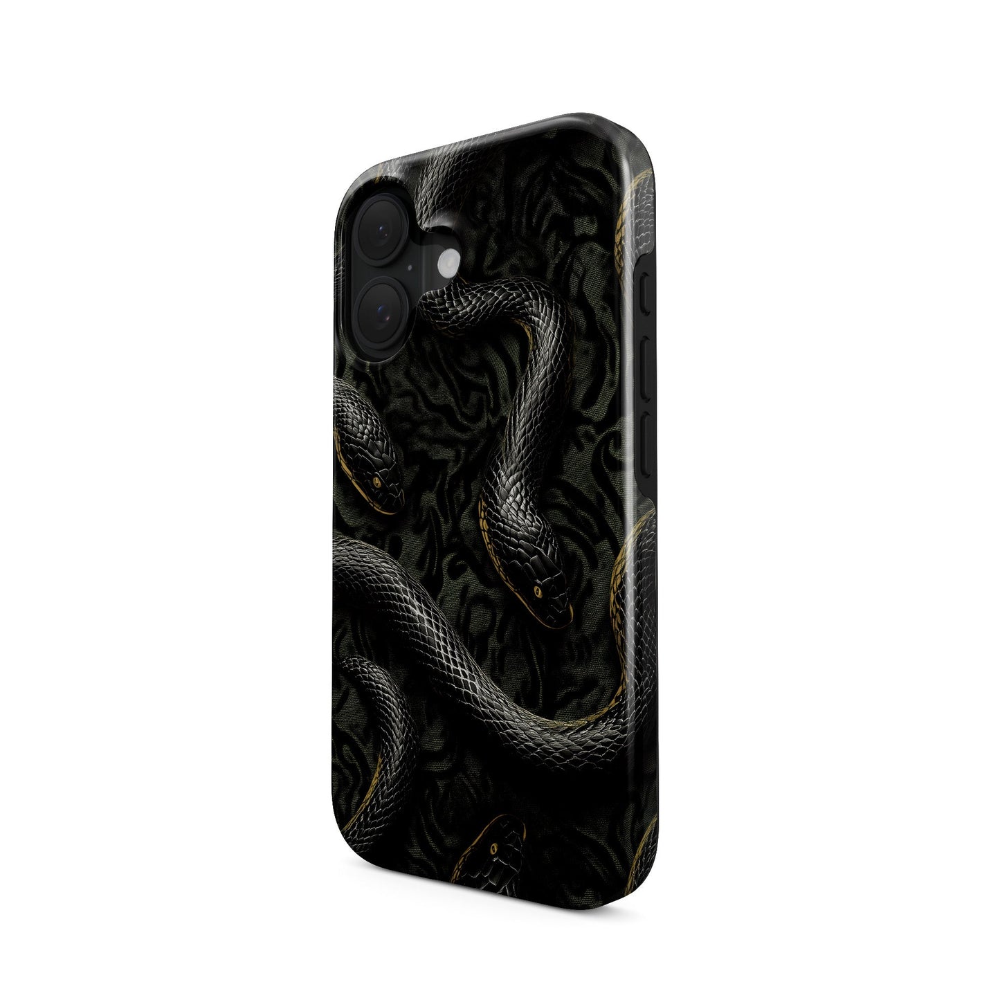 Close-up of black snake patterned Coiled Shadows tough phone case with glossy finish and dual-layer protection.