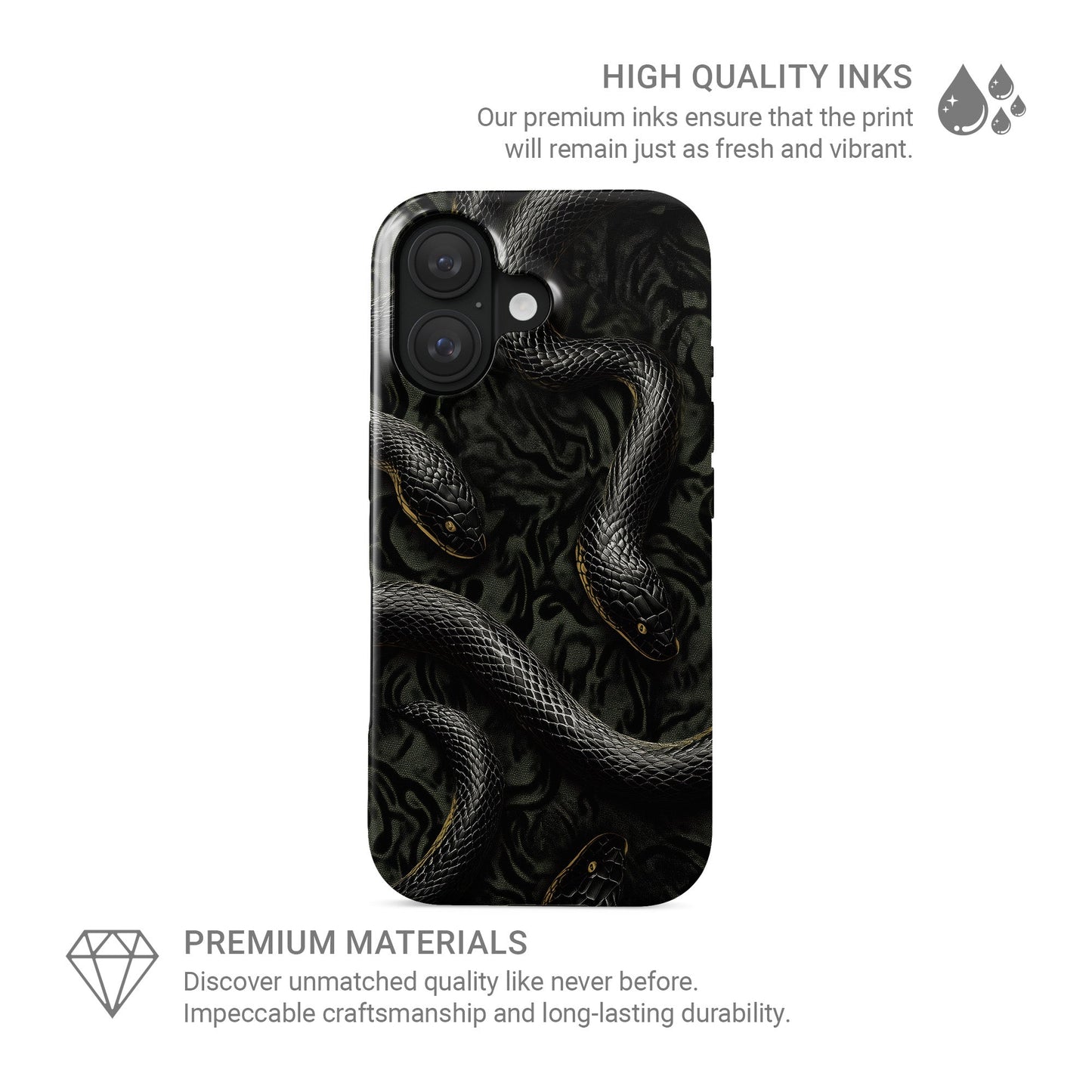 Close-up of black snake patterned Coiled Shadows tough phone case with glossy finish and dual-layer protection.