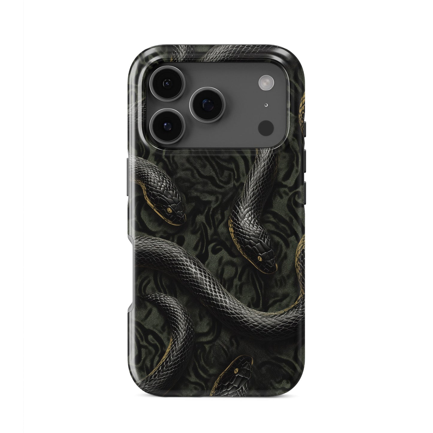 Close-up of black snake patterned Coiled Shadows tough phone case with glossy finish and dual-layer protection.