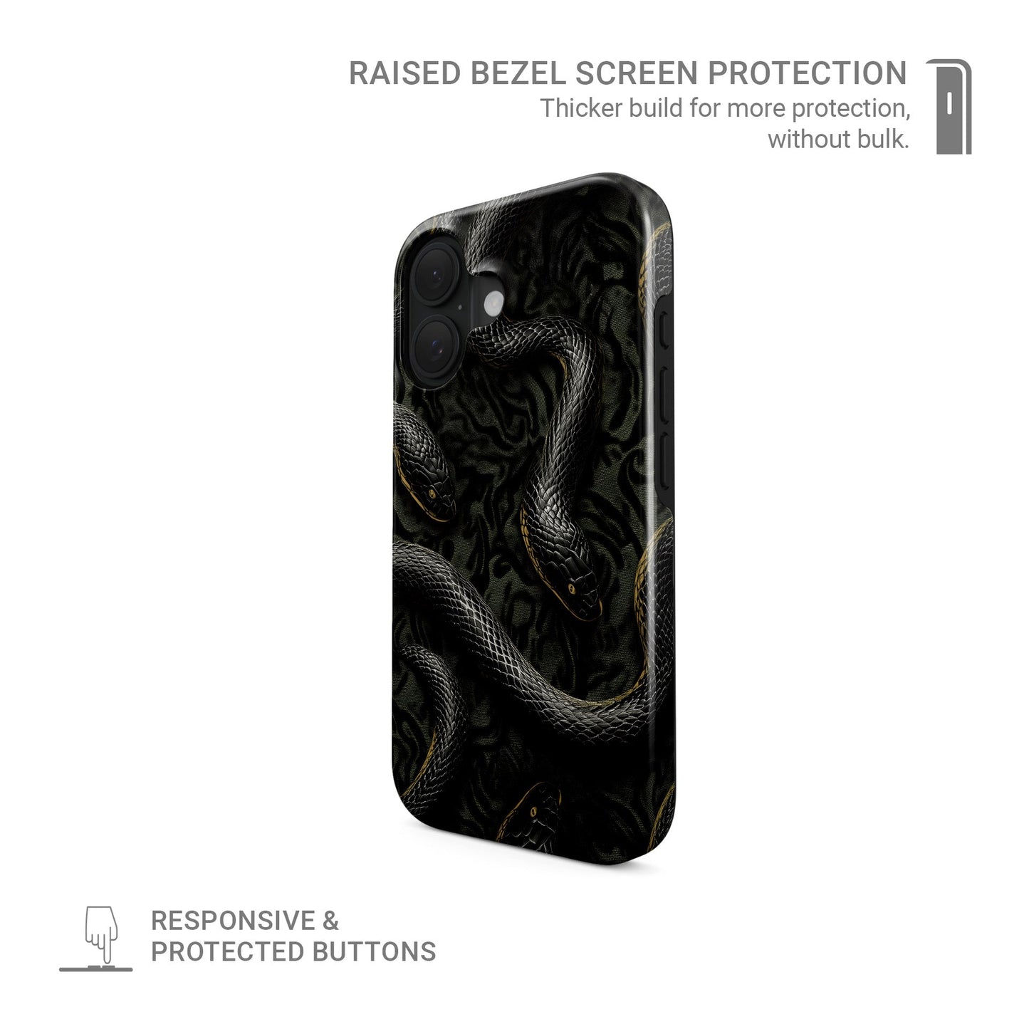 Close-up of black snake patterned Coiled Shadows tough phone case with glossy finish and dual-layer protection.