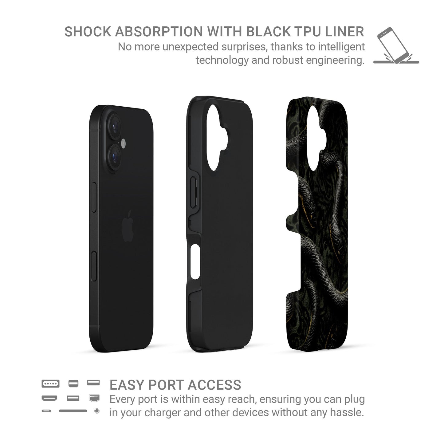 Close-up of black snake patterned Coiled Shadows tough phone case with glossy finish and dual-layer protection.
