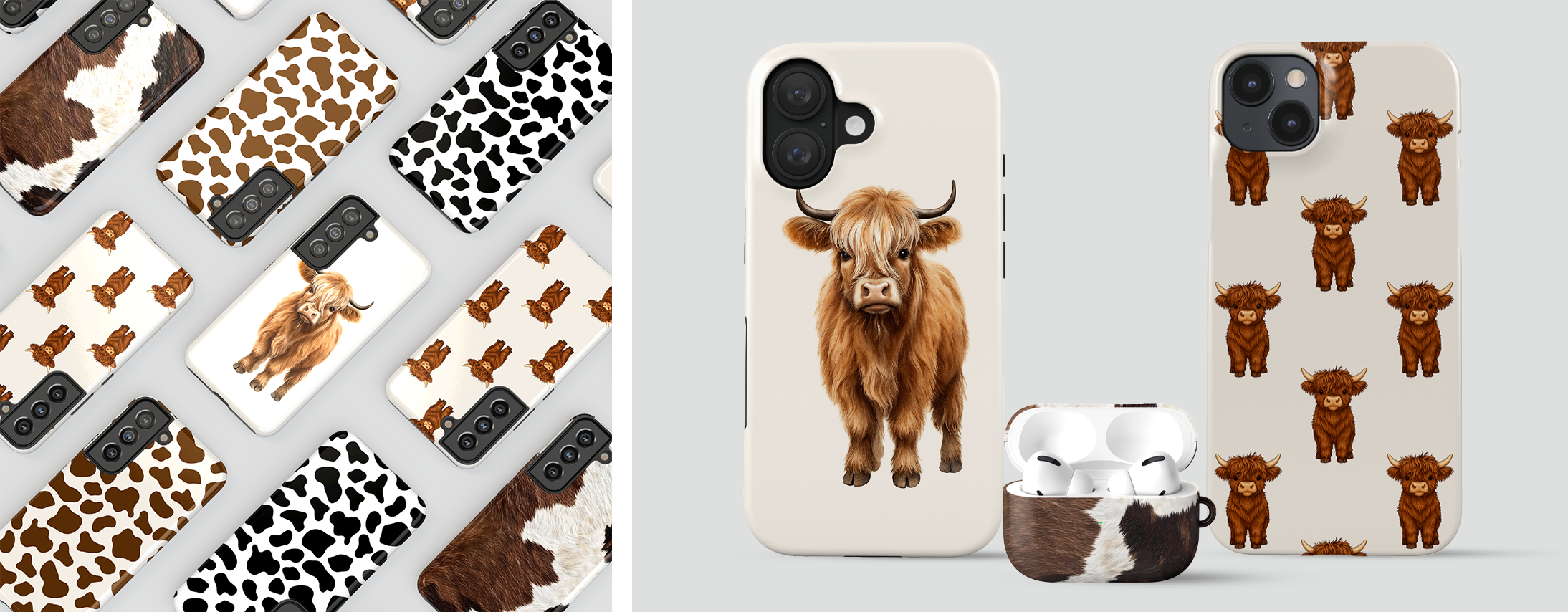 Collection of phone cases with cow designs on a white background