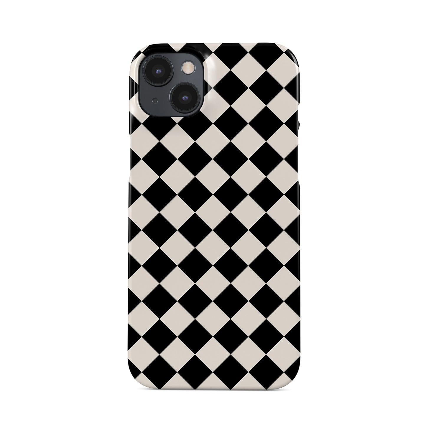 Black and cream harlequin checkerboard snap phone case with bold diamond pattern design