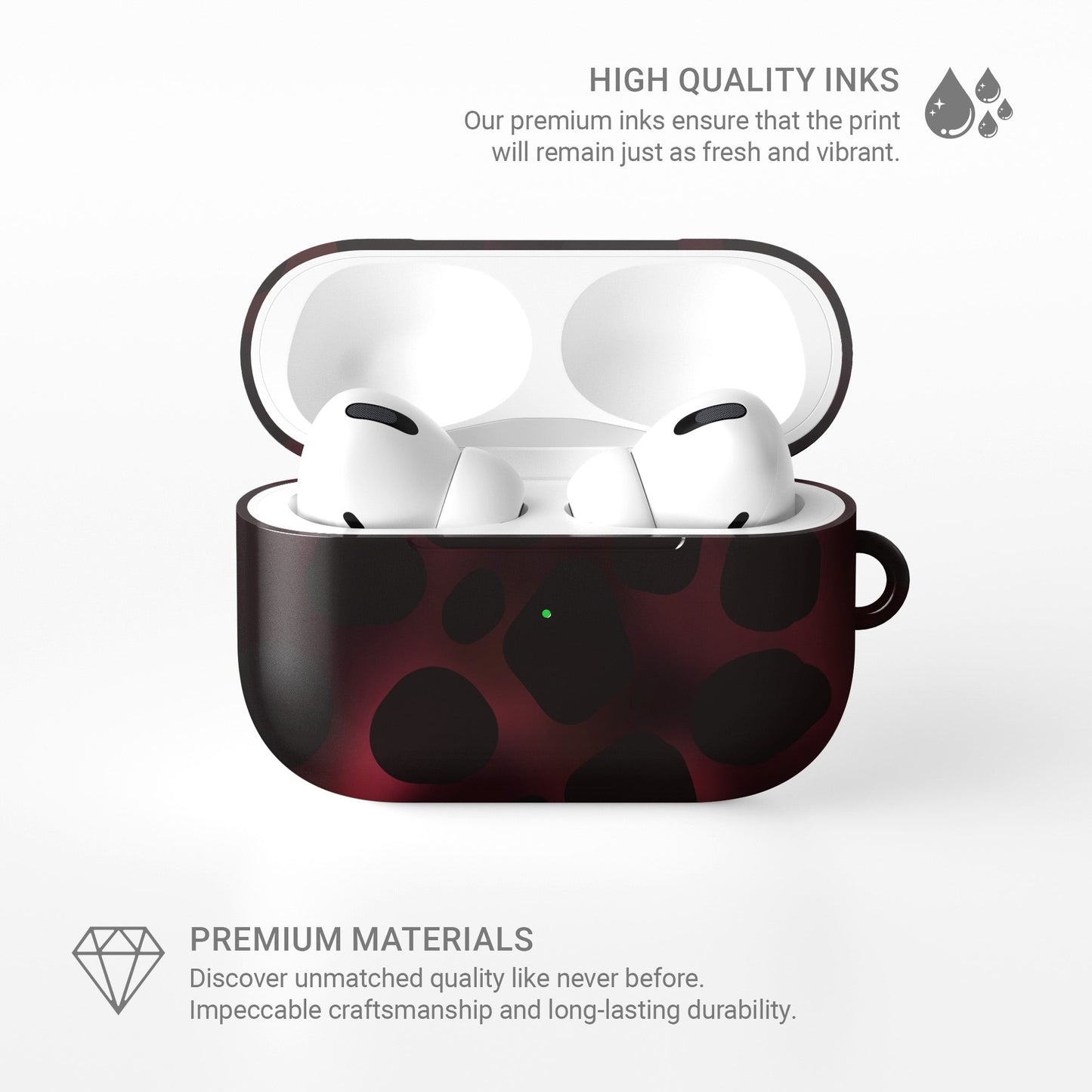 Crimson Ember AirPods tough case with deep red marble tortoise shell design, dual layer build, and glossy finish for everyday protection.