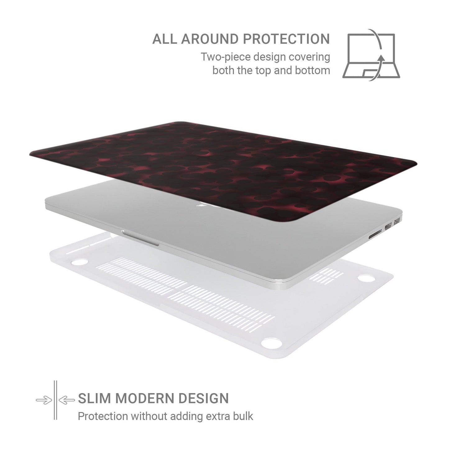 Crimson Ember MacBook Case in matte red marble design – slim protective laptop shell from Case & Charm.