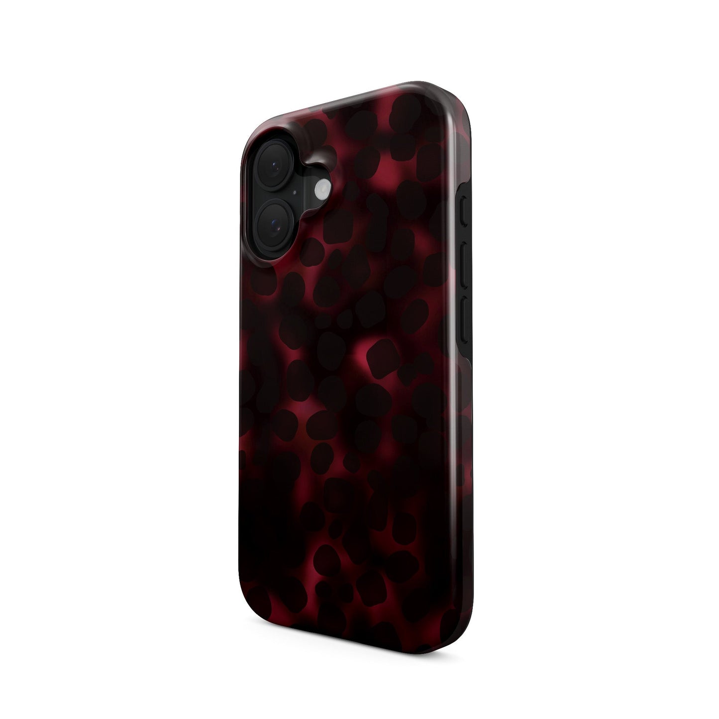 Crimson Ember MagSafe tough phone case with deep red marble tortoise Shell design, dual layer build, and magnetic charging compatibility.