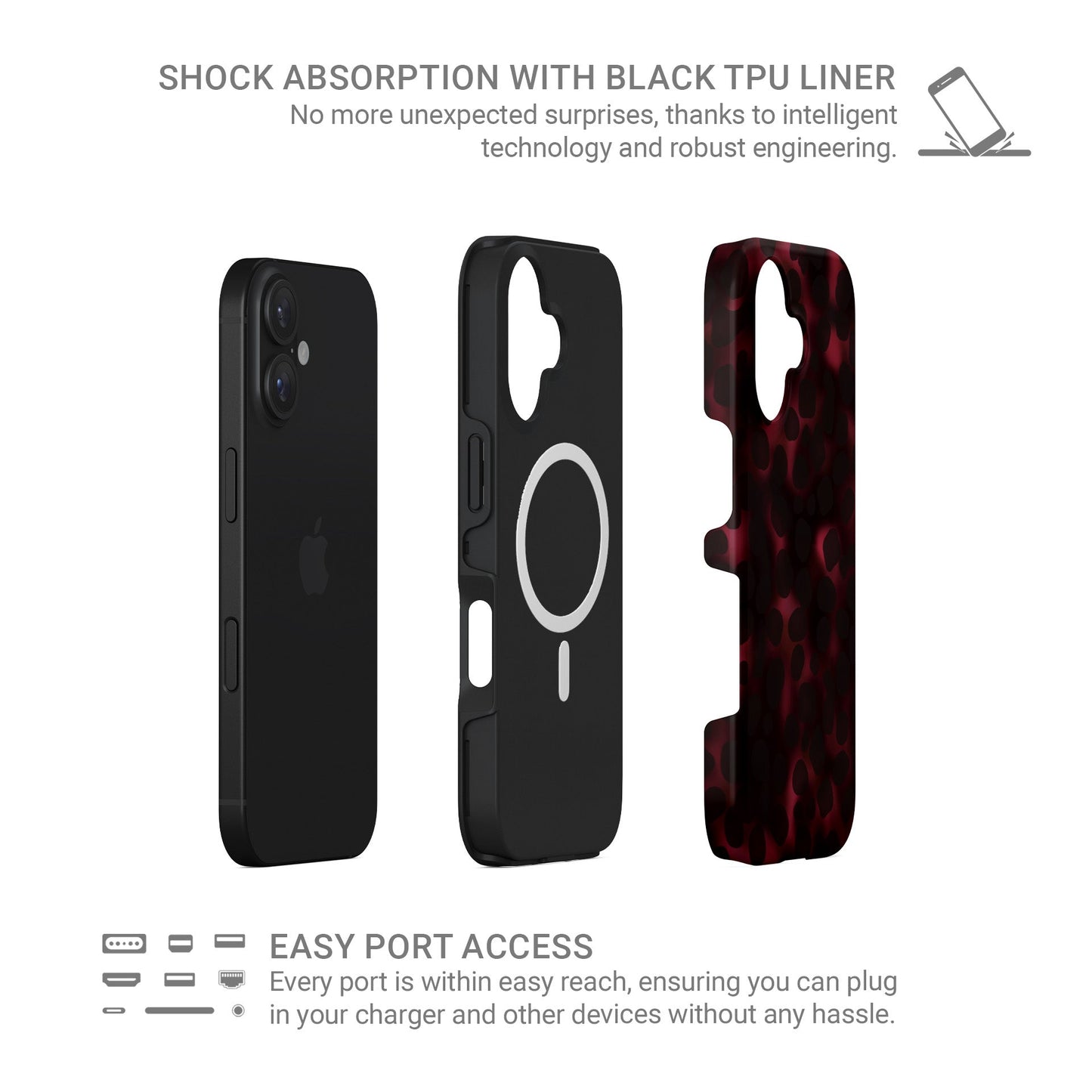 Crimson Ember MagSafe tough phone case with deep red marble tortoise Shell design, dual layer build, and magnetic charging compatibility.