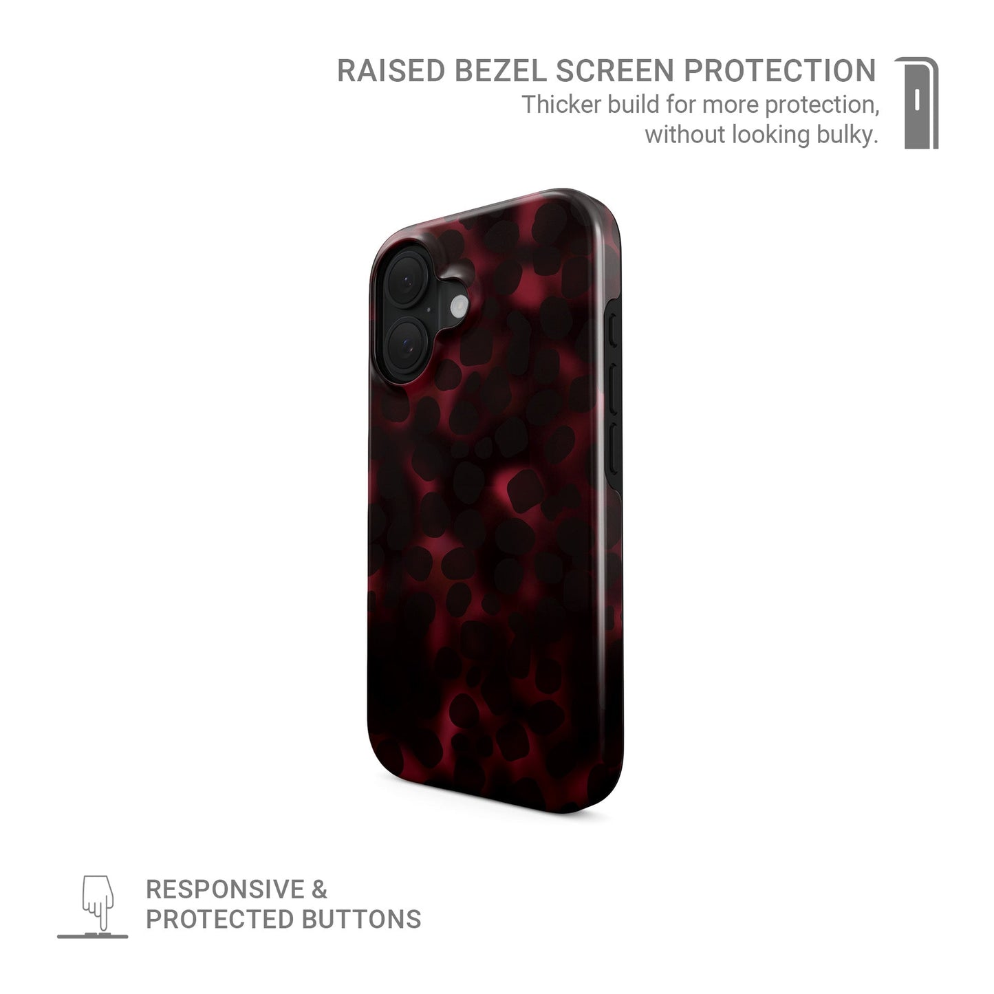 Crimson Ember MagSafe tough phone case with deep red marble tortoise Shell design, dual layer build, and magnetic charging compatibility.