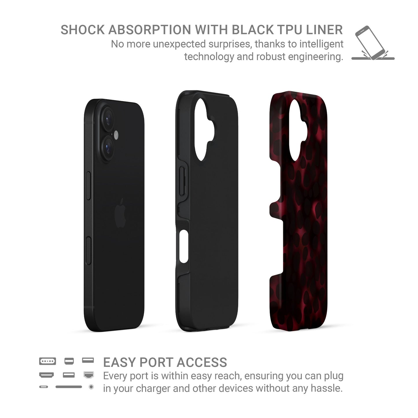 Crimson Ember tough phone case with deep red marble tortoise shell pattern, dual layer build, and glossy finish for everyday protection.