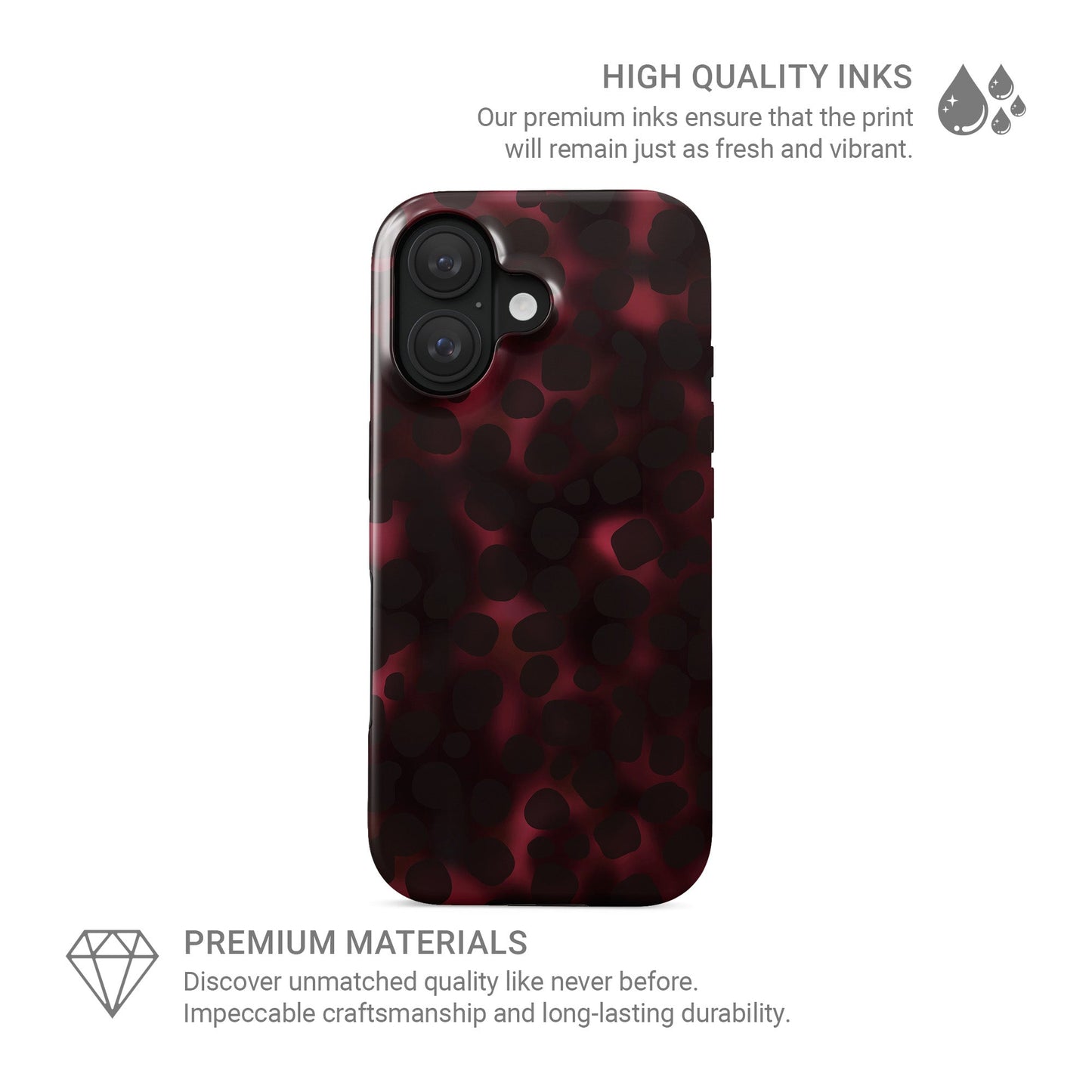 Crimson Ember tough phone case with deep red marble tortoise shell pattern, dual layer build, and glossy finish for everyday protection.