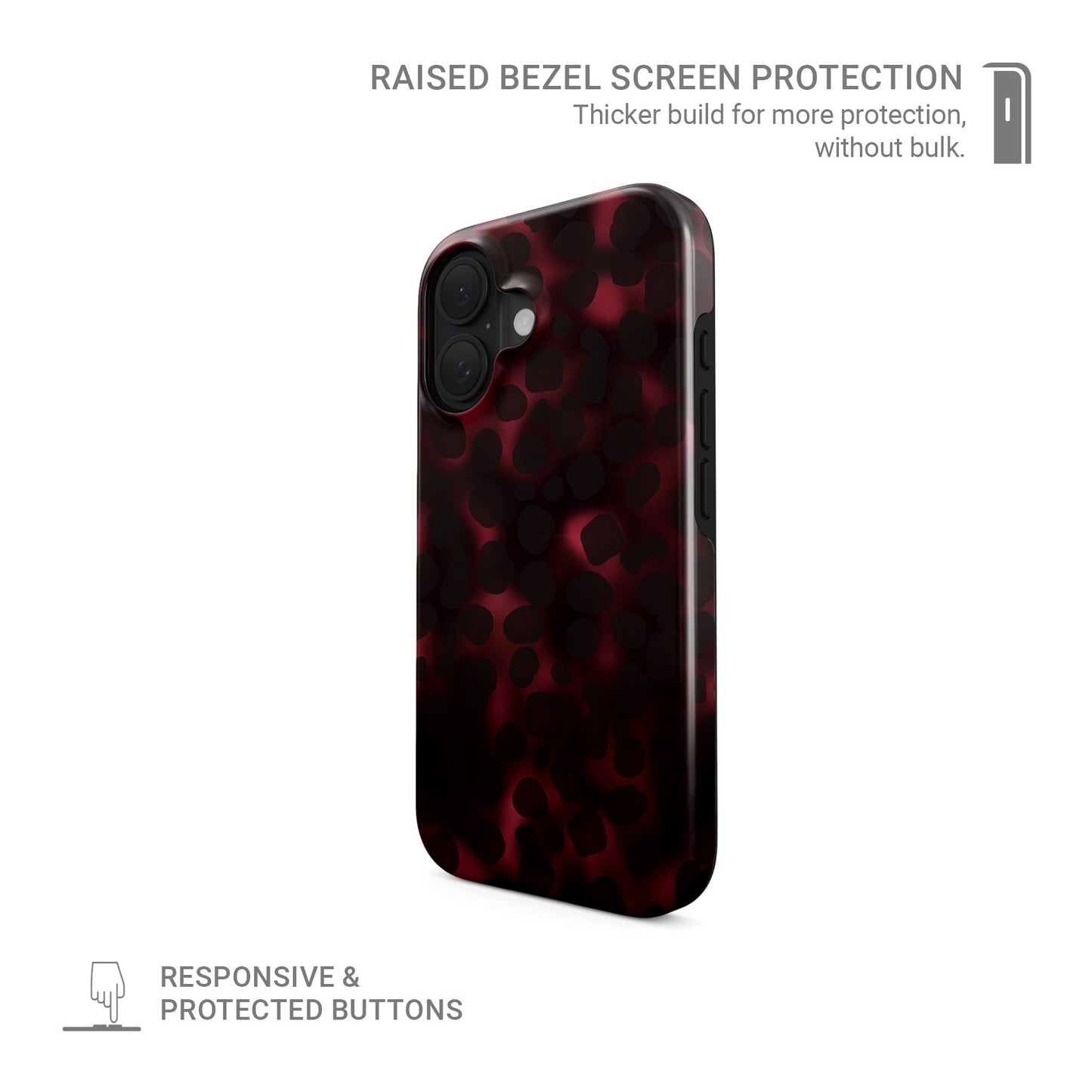 Crimson Ember tough phone case with deep red marble tortoise shell pattern, dual layer build, and glossy finish for everyday protection.
