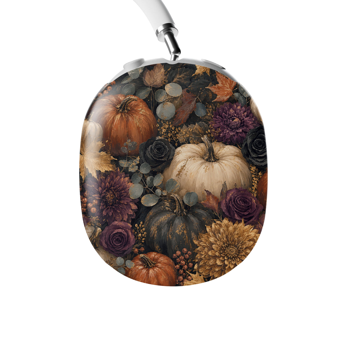 Autumn Garden AirPods Max ear-cup shells with cream pumpkins, burgundy flowers and trailing foliage on a dark botanical background.