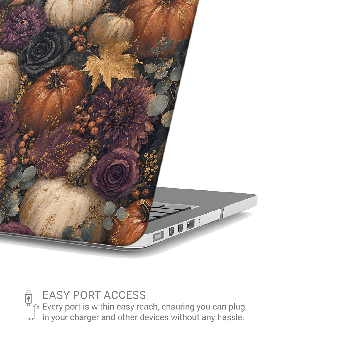 Autumn Garden MacBook shell with cream pumpkins, burgundy flowers and trailing foliage on a dark botanical background.
