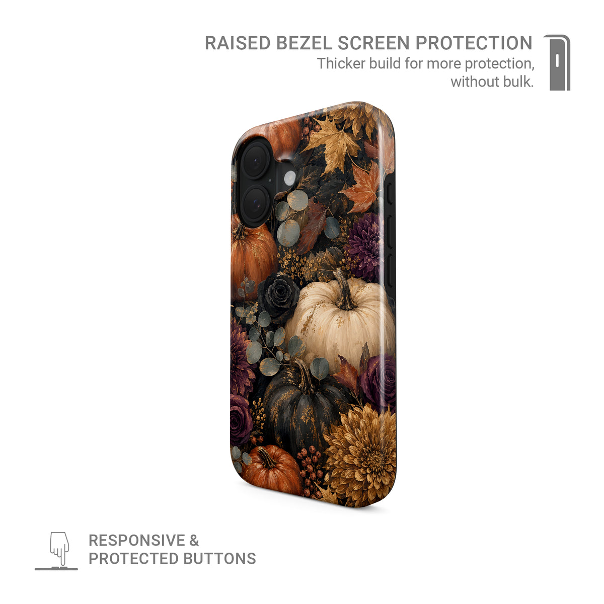 Autumn Garden Tough phone case with cream pumpkins, burgundy flowers and trailing foliage on a dark botanical background.