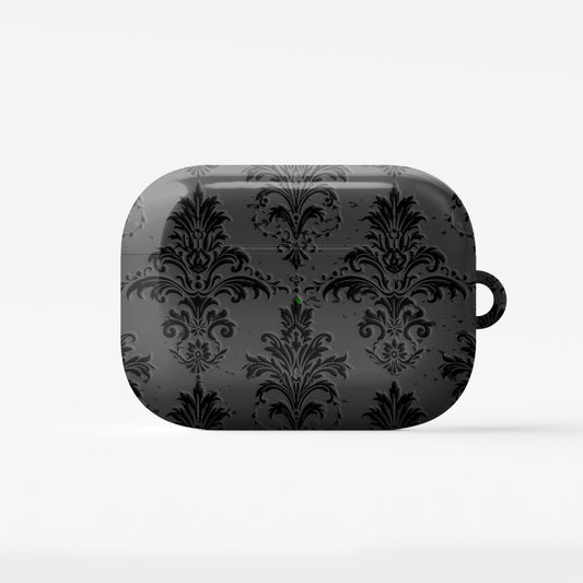 Dark Majesty AirPods Tough Case with black and grey damask baroque vintage print, glossy finish, and impact-resistant single-shell design.