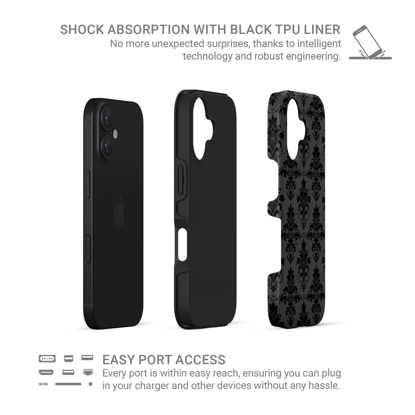 Dark Majesty tough phone case with black damask pattern, glossy finish, and dual-layer protective design.