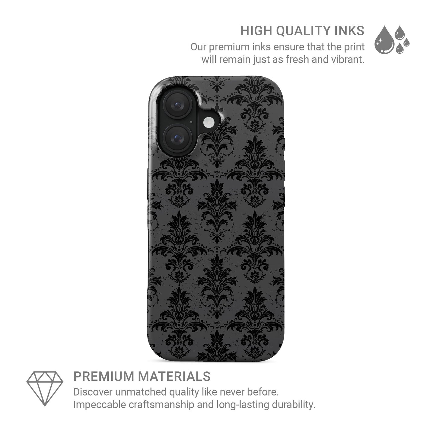 Dark Majesty tough phone case with black damask pattern, glossy finish, and dual-layer protective design.