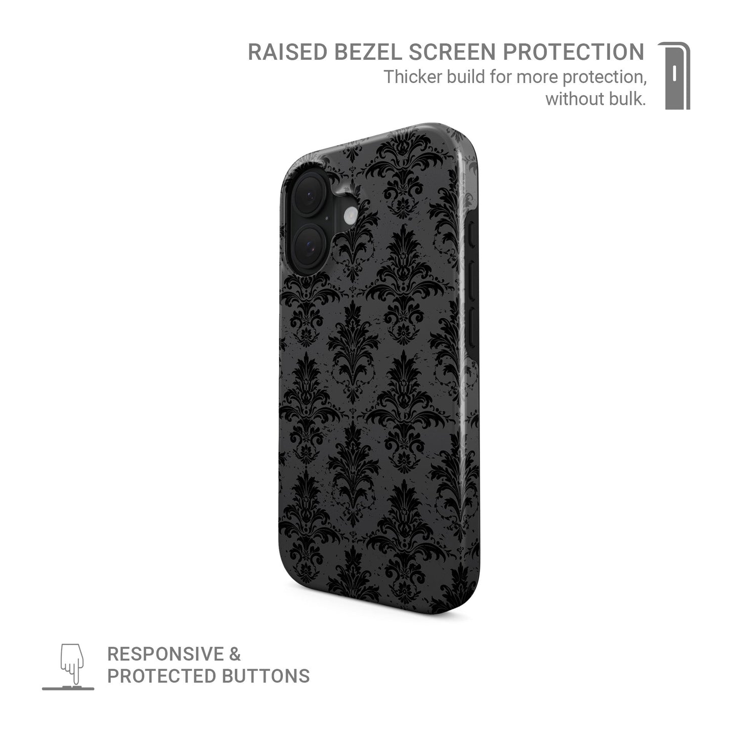 Dark Majesty tough phone case with black damask pattern, glossy finish, and dual-layer protective design.