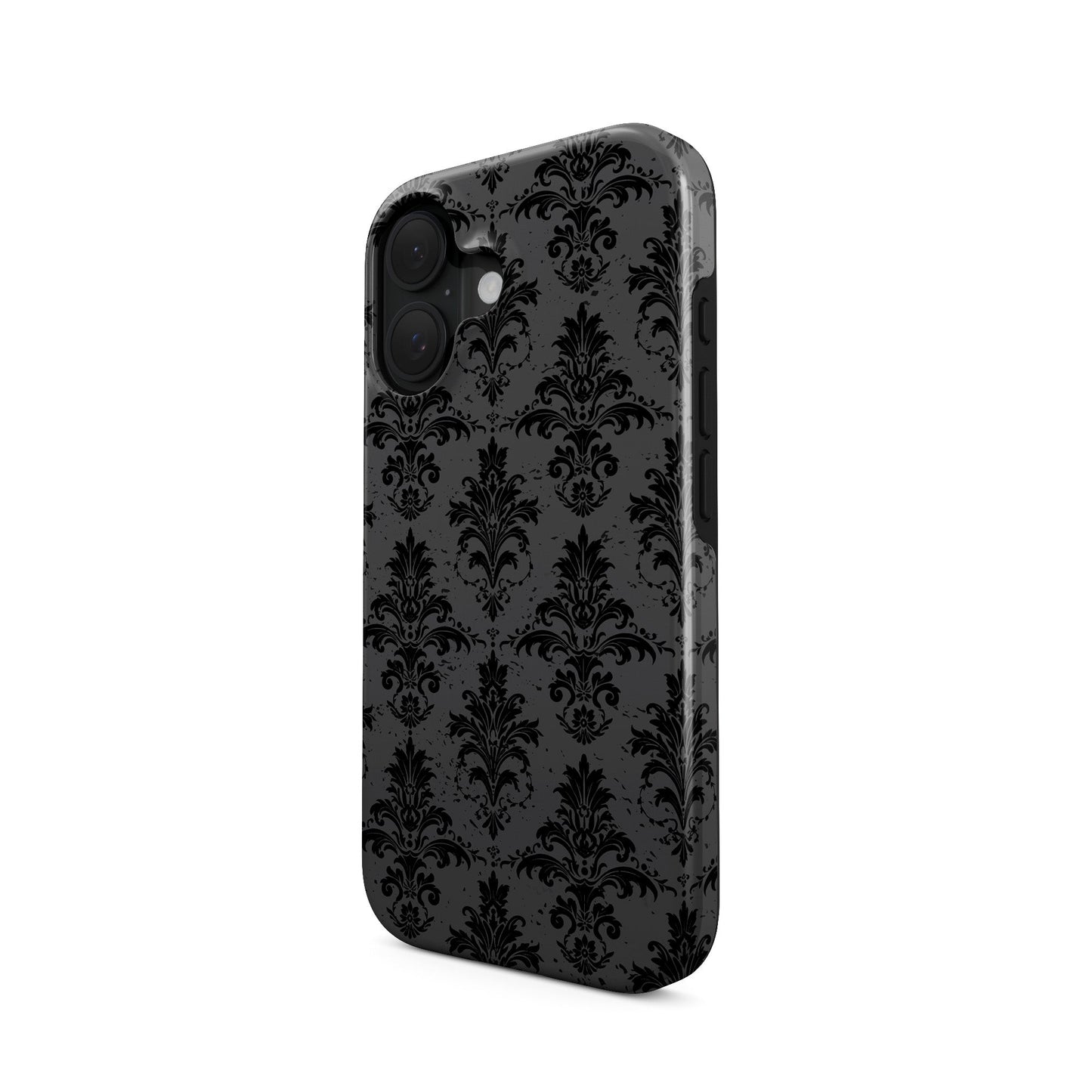 Dark Majesty tough phone case with black damask pattern, glossy finish, and dual-layer protective design.