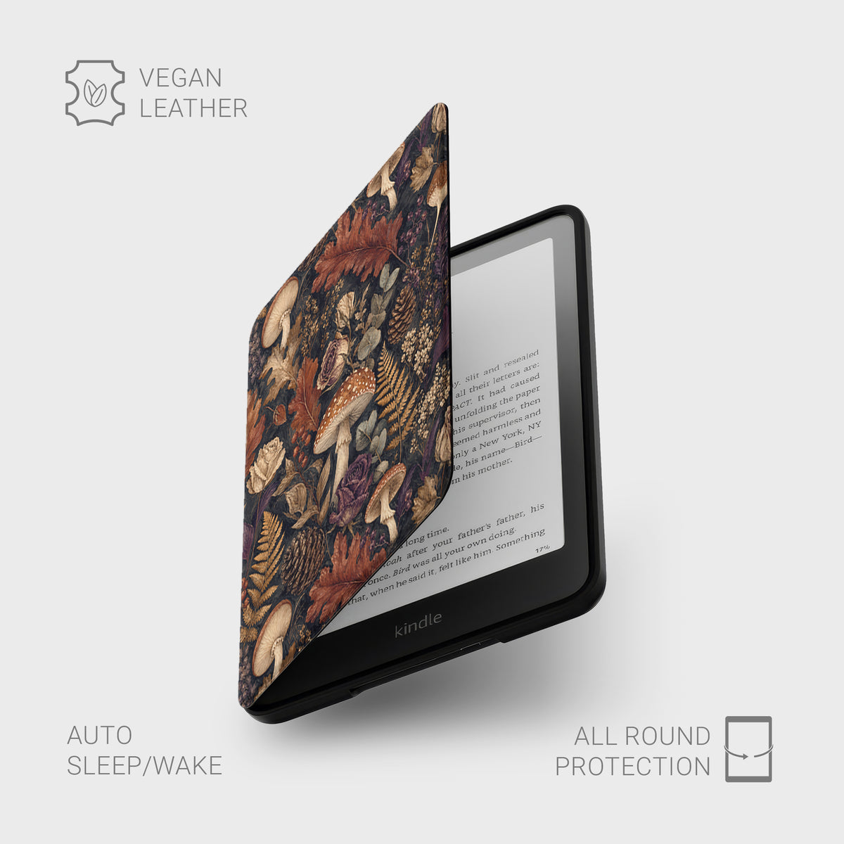 Woodland Forage Kindle case with mushrooms, ferns, pinecones and woodland foliage on a dark botanical background.
