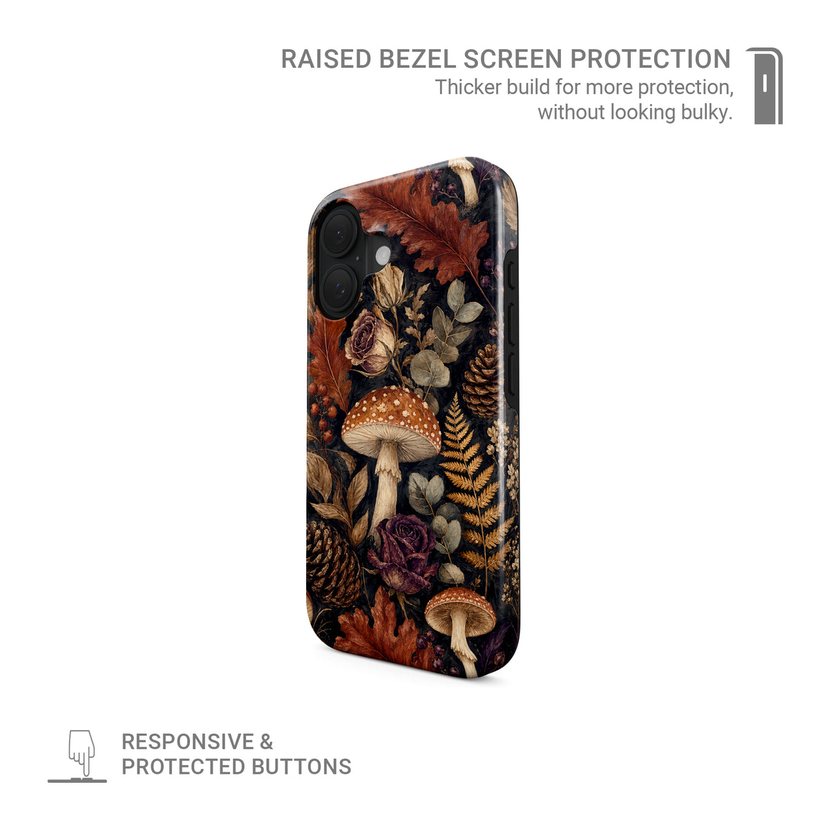 Autumn Garden MagSafe Tough phone case with cream pumpkins, burgundy flowers and trailing foliage on a dark botanical background.