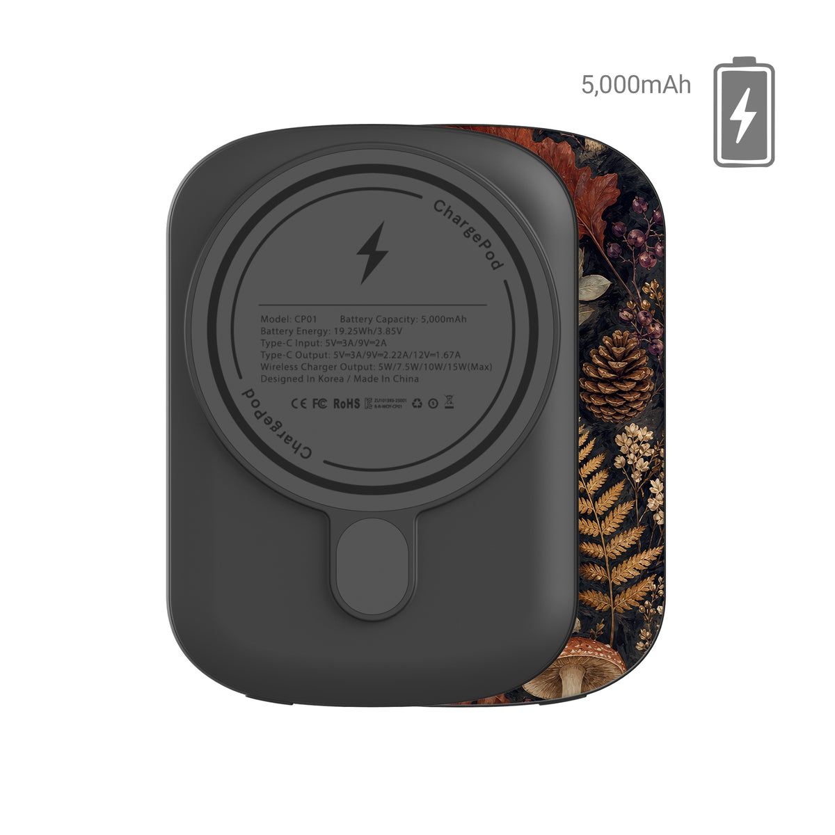 Woodland Forage power bank with mushrooms, ferns, pinecones and botanical foliage on a dark woodland background.