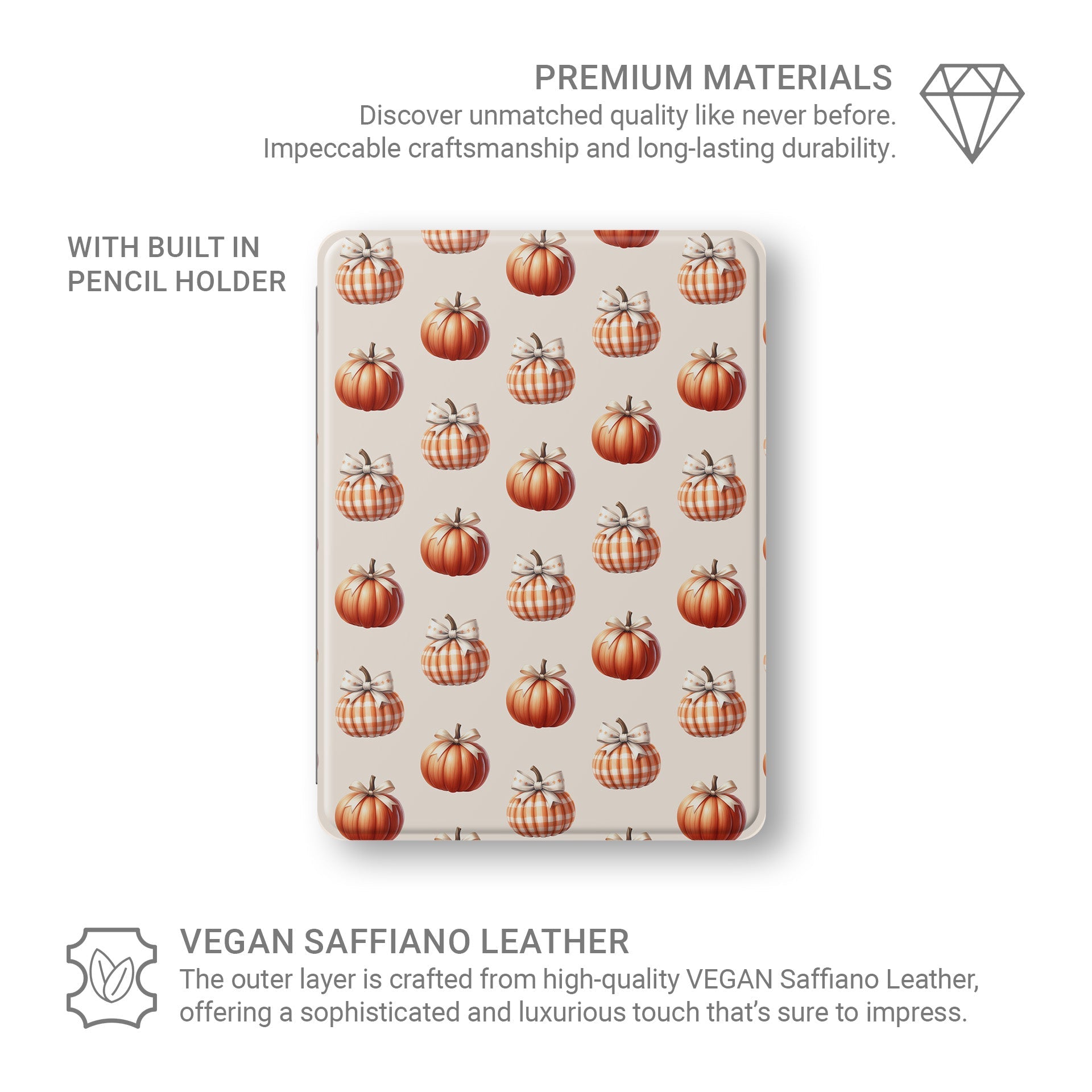 Dressed to Impress iPad Case with pumpkins and gingham bows plus Apple Pencil holder