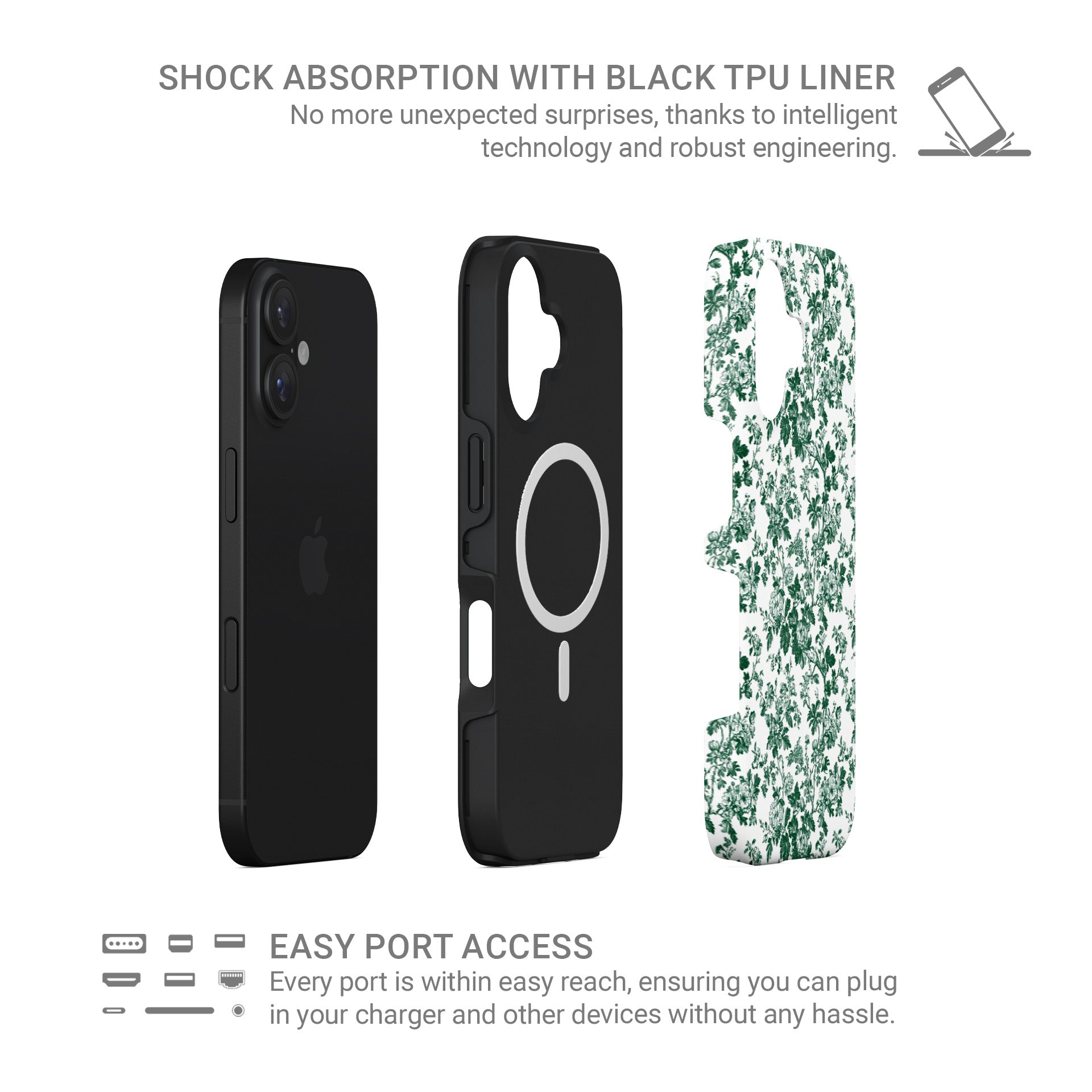 Designer MagSafe phone case – glossy emerald floral pattern for iPhone 8–17