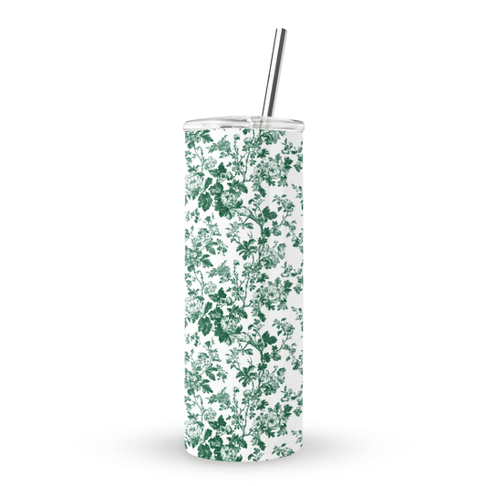 Double wall stainless steel tumbler with straw in vintage botanical design