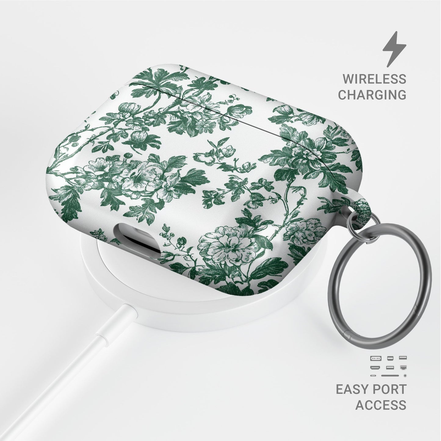 Emerald Enchantment AirPods Case – vintage green floral design with glossy finish, slim scratch-resistant cover for Apple AirPods Pro, Pro 2, AirPods 3, and AirPods 2.