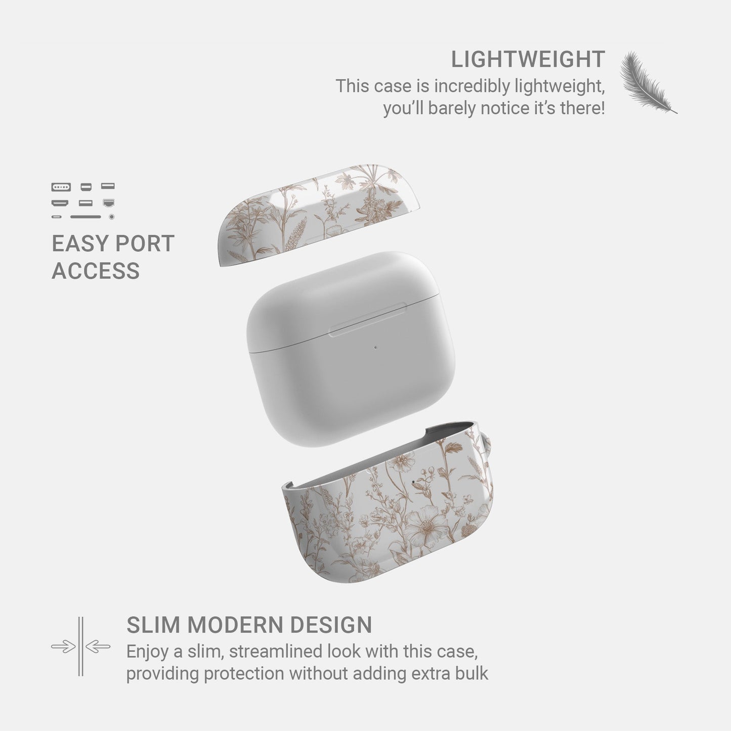 Faded Meadow AirPods Case – vintage beige floral design with glossy finish, slim scratch-resistant cover for Apple AirPods Pro, Pro 2, AirPods 3, and AirPods 2.