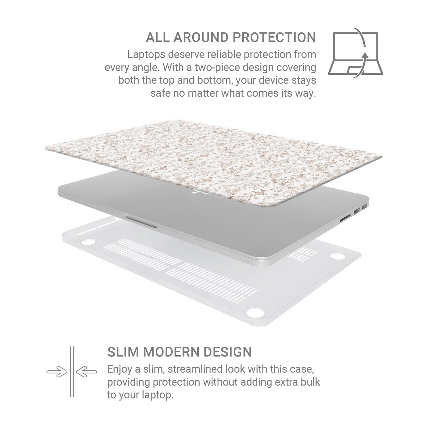 Protective MacBook Pro case – vintage floral matte design in soft beige
