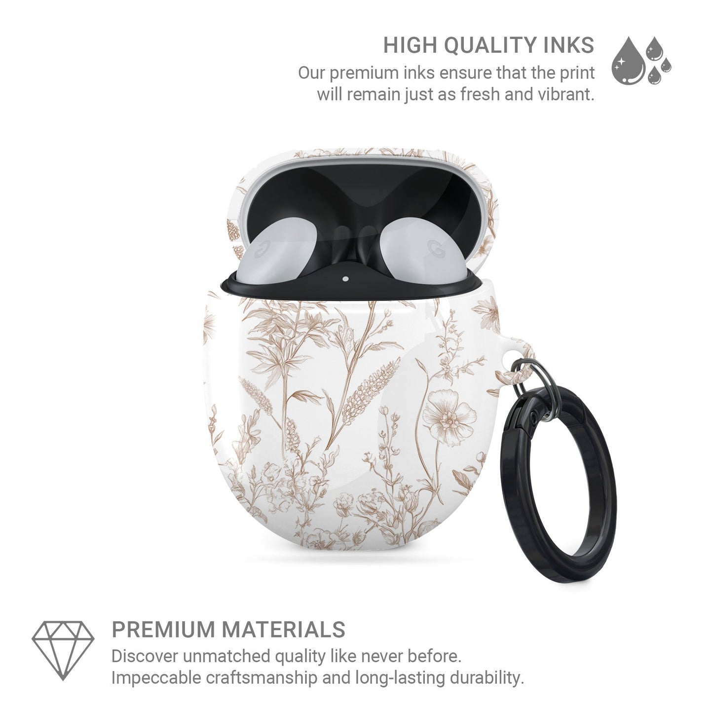 Google Pixel Buds Pro case with Faded Meadow design – vintage beige floral pattern, slim scratch-resistant cover for Pixel Buds Pro and Pixel Buds Pro 2