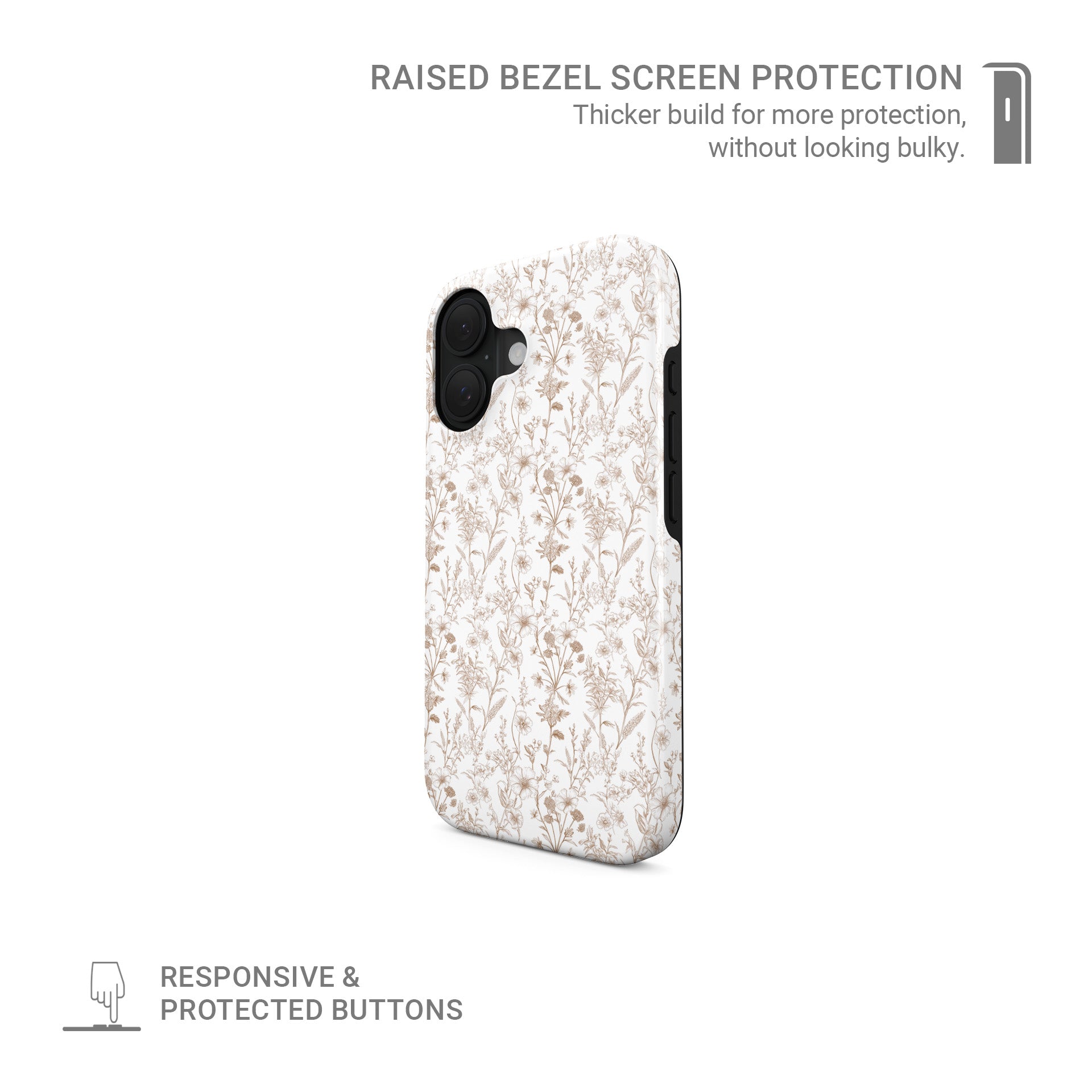Tough Phone Case – dual-layer beige floral design for iPhone