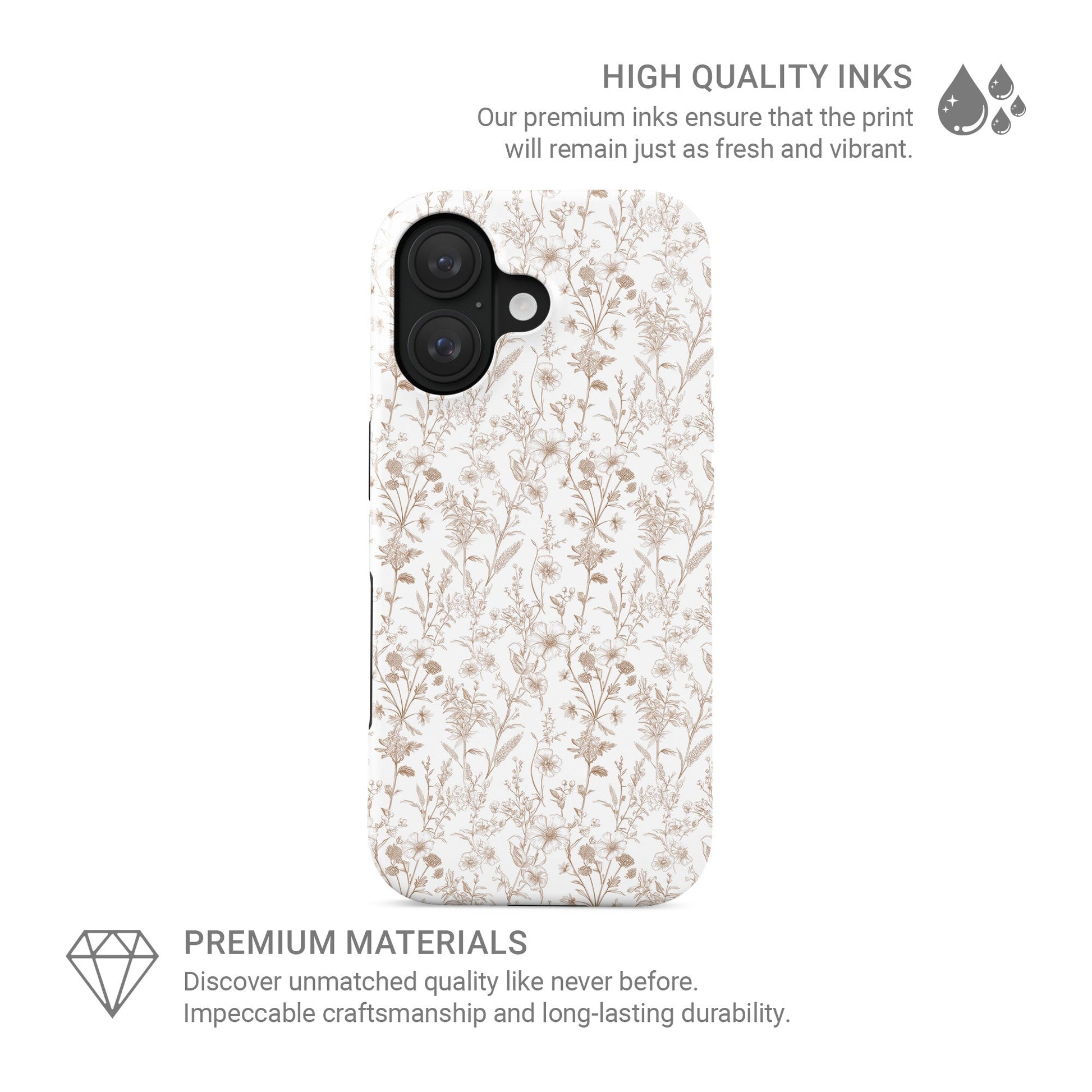 Tough Phone Case – dual-layer beige floral design for iPhone